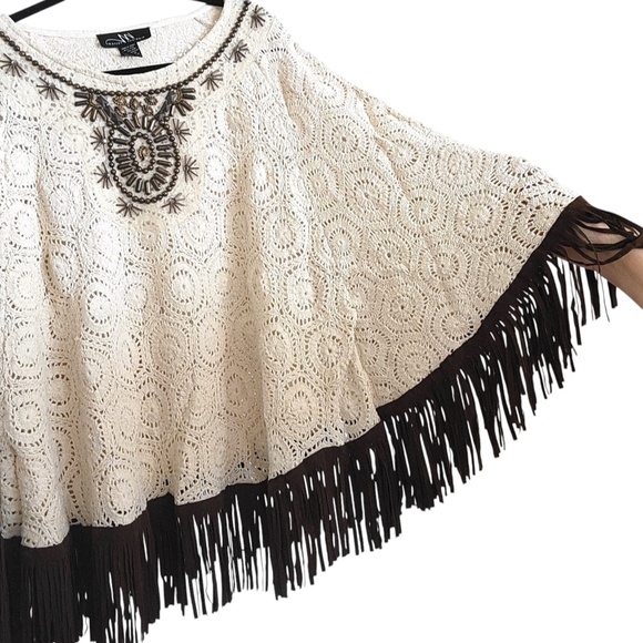 Ivory Crochet Beaded Fringe Poncho Top - Picture 2 of 10